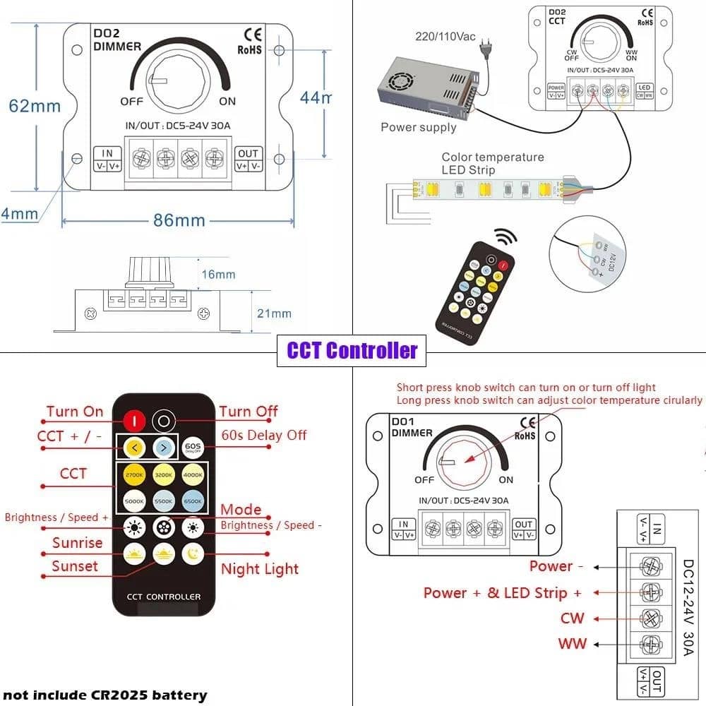 DC5-24V 30A me çelës dritash me shirita LED, zbehës me kontrollues RF ...